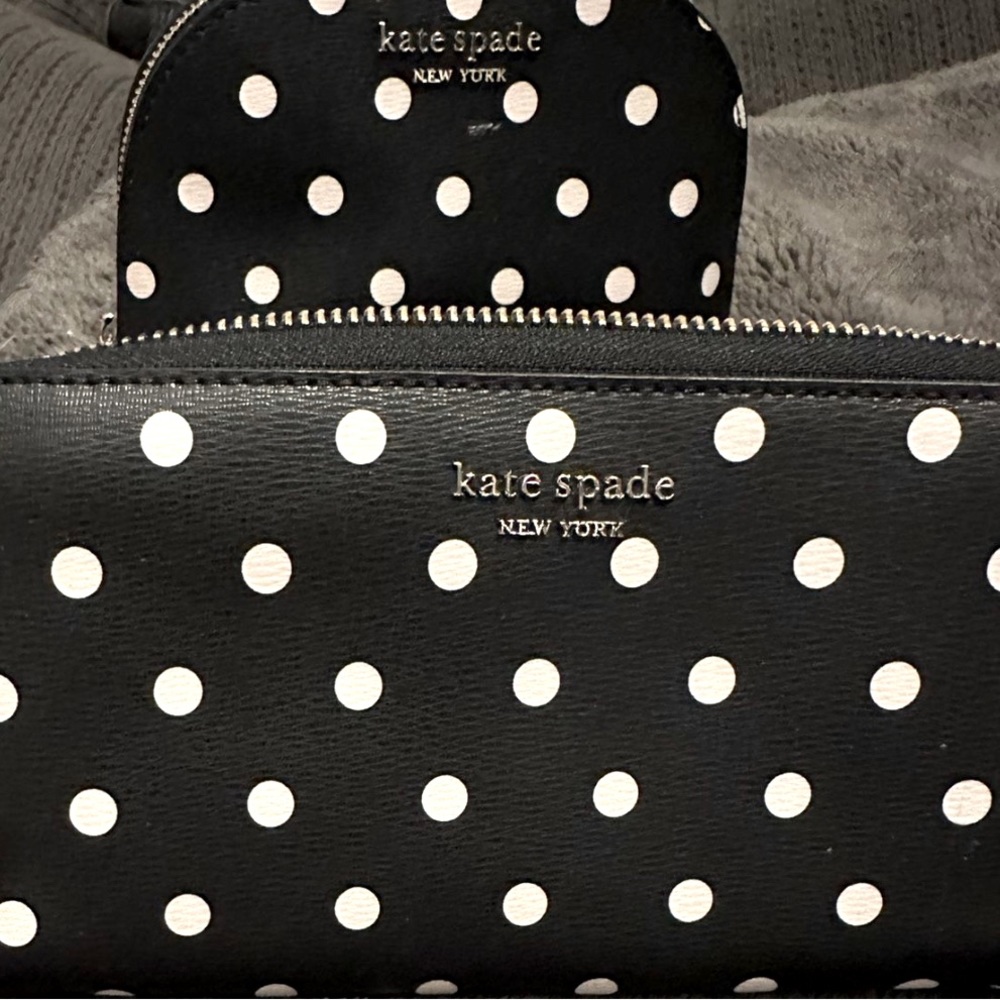 NWT Kate Spade zip around wallet. Leather white polka dot.